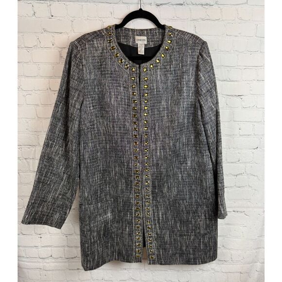 CHICO'S black white silver yellow crystal chain long jacket blazer coat 3 (XL) - Picture 1 of 8